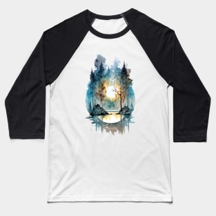 Mountain lake surrounded with trees - 2 Baseball T-Shirt